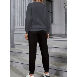 Women'S Casual Sports Fashion Bear Basketball Pattern Crew Neck Sweatshirt Set with Knit Fabric, 100% Polyester Material, Fall/Winter Season, Slight Stretch Fabric, Solid Color Pants - Athletic Loungewear Outfits