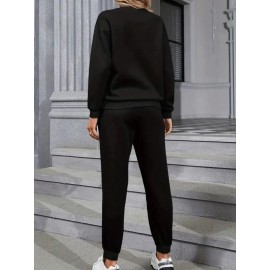 Women'S Casual Sports Fashion Bear Basketball Pattern Crew Neck Sweatshirt Set with Knit Fabric, 100% Polyester Material, Fall/Winter Season, Slight Stretch Fabric, Solid Color Pants - Athletic Loungewear Outfits