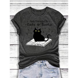 [Playful Cat T-Shirt] Lightweight & Stretchy Charming Black Cat & Book Illustration T-Shirt | Casual Crew Neck, Short Sleeve, Perfect for Spring & Summer, S-XXL, Cat Lover Gift