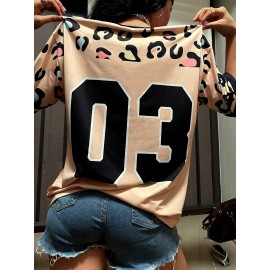 [Sporty Chic T-Shirt] Lightweight Breathable Women's V-Neck T-Shirt | Sporty Chic Design with Bold '03' Numerals & Leopard Print - Machine Washable, Spring/Summer Casual Top