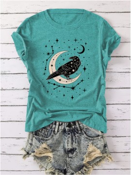Women'S Vintage Gothic T-Shirt - Soft Pink Pastel Tee with Crow & Crescent Moon Graphic - Everyday & Special Occasion Top - Sizes S-XXL - Casual Gothic Apparel for Women, Goth T Shirt, Allseason Clothing, Comfortable Fit Shirt