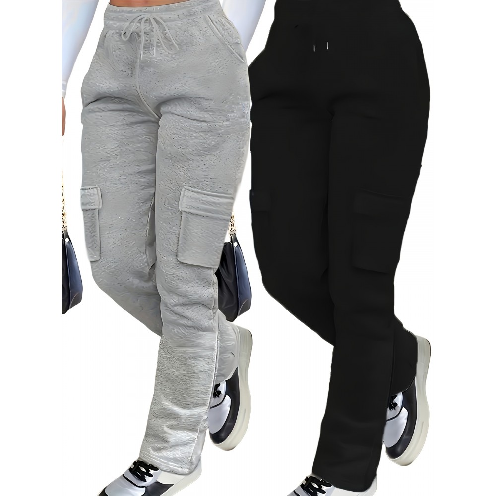 2pcs Women'S Casual Jogger Pants with Pockets - Soft Fleece-Lined, Elastic Waistband, Drawstring, Loose Fit, Solid Color (Black & Gray), Perfect for All Seasons, Comfortable Clothing | Relaxed Fit Pants | Soft Fleece Lining, Jogging Pants
