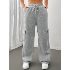 3pcs Women'S Cargo Pants - Solid Color Athletic Joggers with Drawstring Waist, Multiple Pockets, Elastic Cuffs & Hem, All-Season Comfort for Casual & Wear, Jogging Pants, Wear, Functional Pockets, Durable Fabric