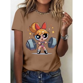 Women'S Y2K-Inspired Casual T-Shirt with Cartoon Print - Short Sleeve, Round Neck, All-Season Top | Playful Anime-Style Design with Bow and Weightlifting