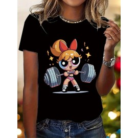 Women'S Y2K-Inspired Casual T-Shirt with Cartoon Print - Short Sleeve, Round Neck, All-Season Top | Playful Anime-Style Design with Bow and Weightlifting