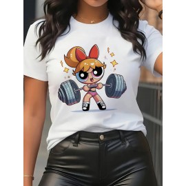 Women'S Y2K-Inspired Casual T-Shirt with Cartoon Print - Short Sleeve, Round Neck, All-Season Top | Playful Anime-Style Design with Bow and Weightlifting