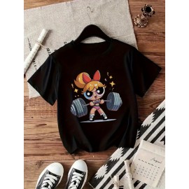 Women'S Y2K-Inspired Casual T-Shirt with Cartoon Print - Short Sleeve, Round Neck, All-Season Top | Playful Anime-Style Design with Bow and Weightlifting