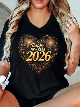 Plus Size, Plus Size Women's V-Neck Short Sleeve T-Shirt - Happy New Year 2026 Fireworks Print Slim-Fit Breathable Top, Black & Golden Sparkling Casual Shirt for Parties, Casual Attire & NYE Celebrations, Machine Washable Spring Summer Fashion