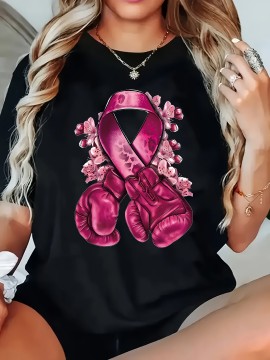 Plus Size, Women's Breast Cancer Awareness T-Shirt - Non-Transparent Black Top with Pink Boxing Gloves, Charity Event Apparel for, Survivor Gifts - Machine Washable Summer Shirt, Wear, Geometric Print, Comfortable Fabric, Casual Wear, Gift Shoppers