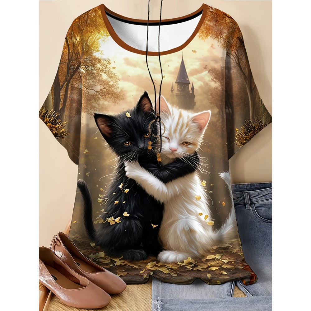 Plus Size, Women's Plus Size Oversized Cat T-Shirt - Fantasy Forest Print with Black & White Kittens, Castle & Golden Leaves - Soft Stretch Round Neck Short Sleeve Summer Top for Casual & Elegant Outfits (Machine Washable) - Cat Lover Apparel