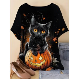 Plus Size, Large Size Women's Halloween Cat T-Shirt - 3D Print Design, Round Neck Short Sleeve Casual Top for Parties, Casual Attire & Gifting | Durable Lightweight Fabric | Stretchy Material