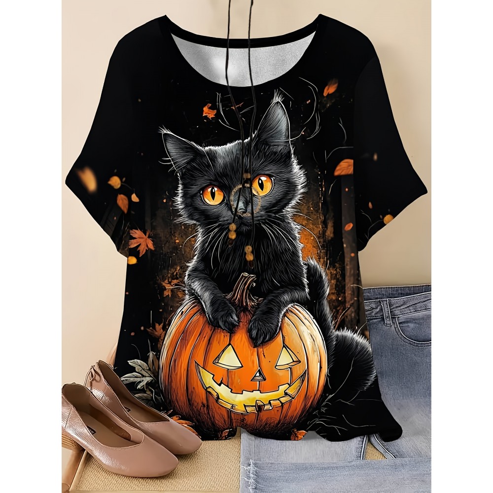Plus Size, Large Size Women's Halloween Cat T-Shirt - 3D Print Design, Round Neck Short Sleeve Casual Top for Parties, Casual Attire & Gifting | Durable Lightweight Fabric | Stretchy Material
