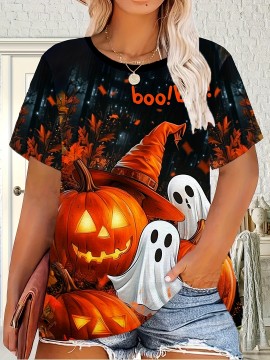 [Women's Halloween T-Shirt] Plus Size - Women's 3D Print Halloween T-Shirt - Spooky Witch & Pumpkin Design, Breathable Short Sleeve Crew Neck, Machine Washable, Soft Fabric, Perfect for Fall & Halloween Celebrations, Halloween Shirts