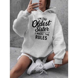 Women'S Plus Size Casual Hoodie with Pockets, Oversized Alphabet Print Long-Sleeve Pullover, 100% Polyester Knit Fabric, Slight Stretch, Fall/Winter Fashion Top