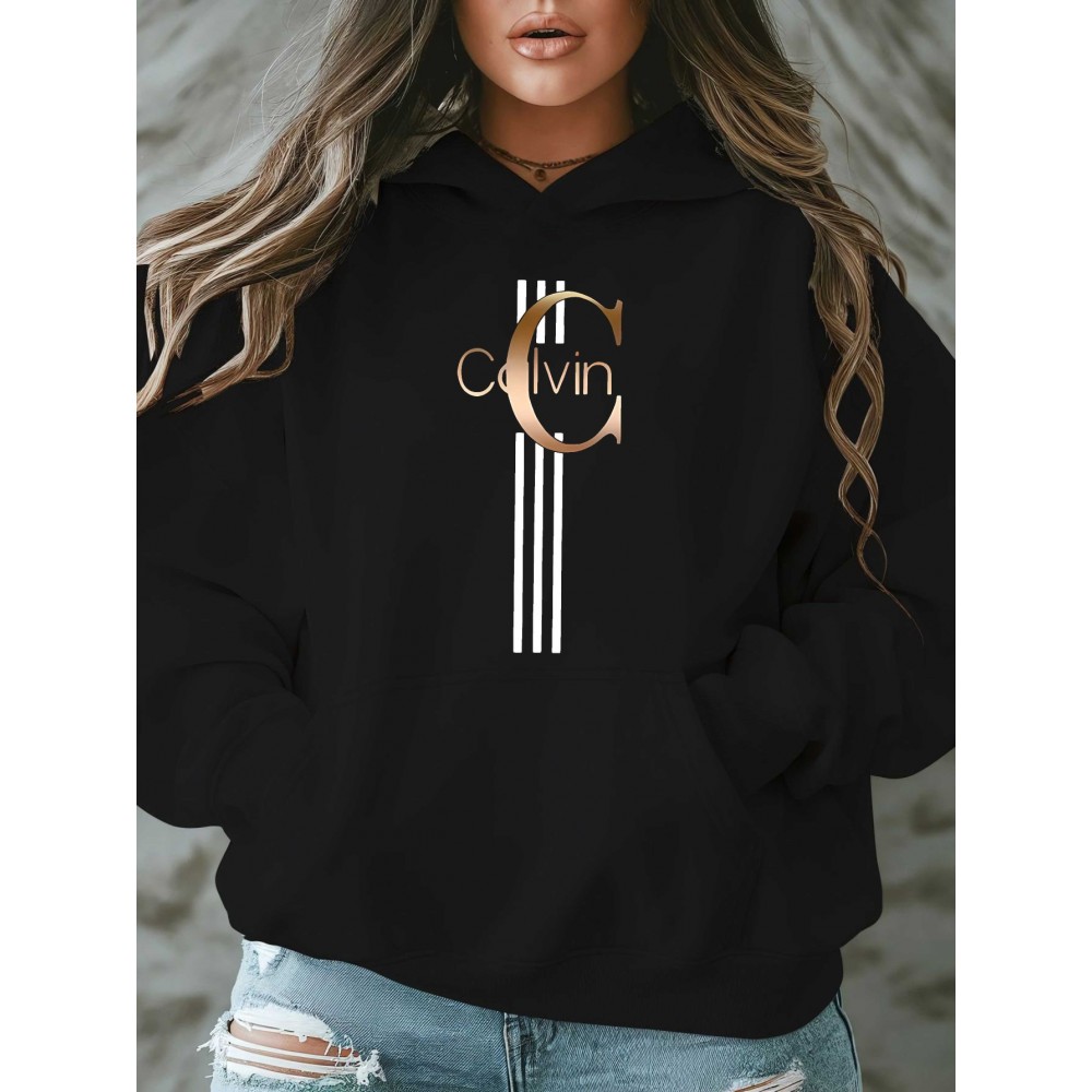 Calvin s Plus Size Oversized Hooded Sweatshirt - Light Grey with Black Letter 'C' & Golden Stripes Print, Cozy Fleece Pullover with Pockets, Women's Autumn Winter Casual Clothing, Autumn Winter Apparel, Comfortable Sweatshirt