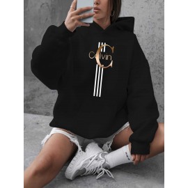 Calvin s Plus Size Oversized Hooded Sweatshirt - Light Grey with Black Letter 'C' & Golden Stripes Print, Cozy Fleece Pullover with Pockets, Women's Autumn Winter Casual Clothing, Autumn Winter Apparel, Comfortable Sweatshirt