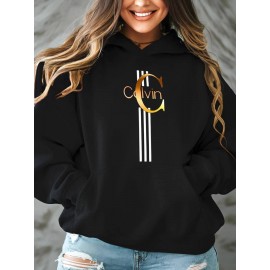 Calvin s Plus Size Oversized Hooded Sweatshirt - Light Grey with Black Letter 'C' & Golden Stripes Print, Cozy Fleece Pullover with Pockets, Women's Autumn Winter Casual Clothing, Autumn Winter Apparel, Comfortable Sweatshirt