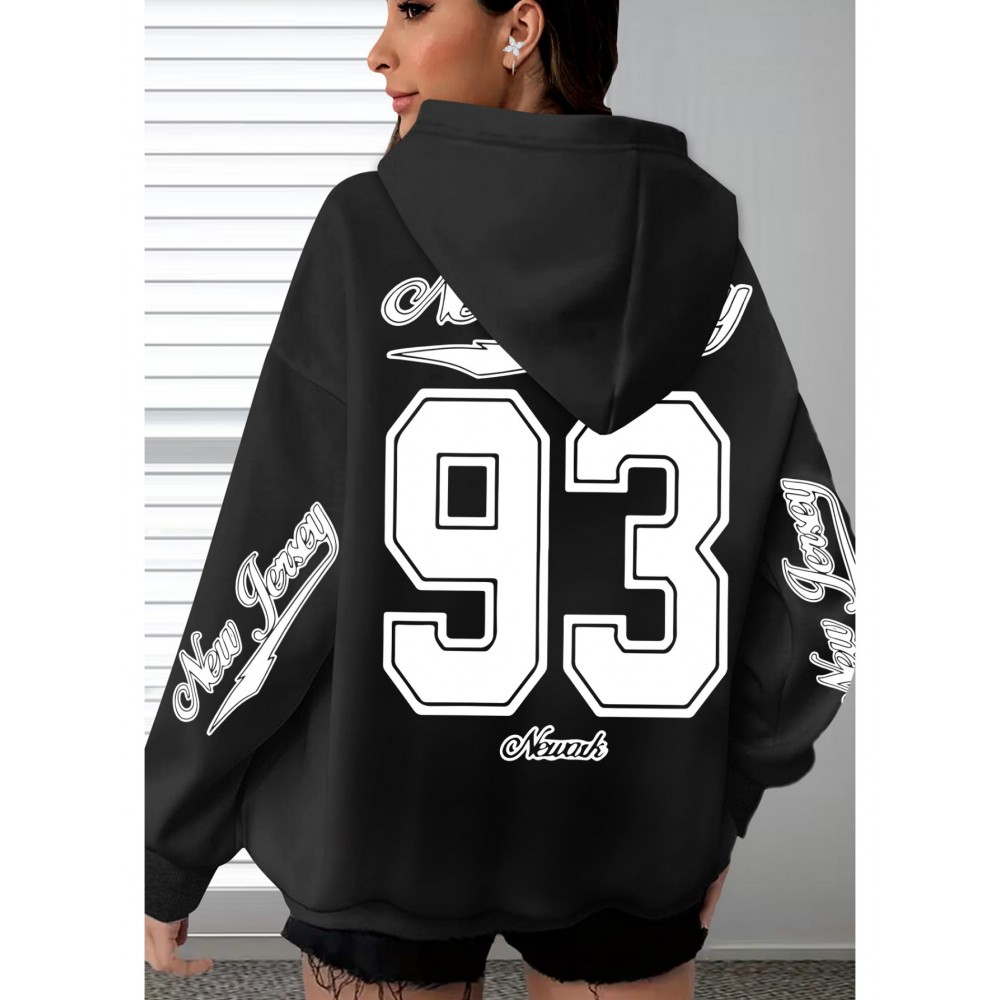 [Plus Size Hoodie] Soft Women's Plus Size Oversized Hoodie with New Jersey 93 Graphic Print | Machine Washable, Comfortable Clothing, Durable Fabric, Streetwear Fashion, Relaxed Fit, Breathable Material, Unisex Style, Black with White Lettering