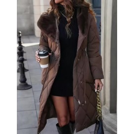 [Cozy Winter Jacket] Warm Cozy Women's Faux Fur-Lined Hooded Jacket | Long Winter Coat with Zipper Closure, Casual Loose Fit, Solid Brown, Perfect for Cold Weather Outfits