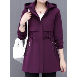 Women's Casual Korean-Inspired Windbreaker Jacket - Mid-Length Adjustable Drawstring Waist, Stand Collar & Zipper Front, Solid Color Spring/Fall Outerwear for Urban Commute & Casual Outings