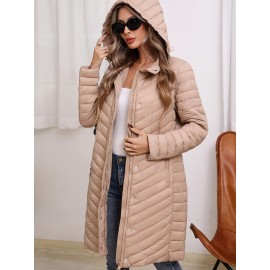 Women'S Lightweight Long Winter Coat - Warm Padded Zipper Front, Elegant Solid Color, Regular Fit Long Sleeve Coat for Daily Casual Comfort & Formal Occasions, Winter Coats, Seasonal Fashion, Sophisticated Style, Cozy Fabric