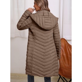 Women'S Lightweight Long Winter Coat - Warm Padded Zipper Front, Elegant Solid Color, Regular Fit Long Sleeve Coat for Daily Casual Comfort & Formal Occasions, Winter Coats, Seasonal Fashion, Sophisticated Style, Cozy Fabric
