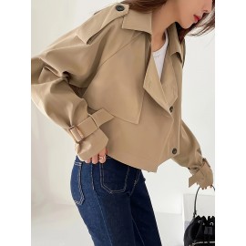 [Elegant Beige Trench Coat] Chic Elegant Beige Trench Coat for Women | Long Sleeve Button-Up Jacket with Pockets, Stylish Outerwear for Spring & Fall, Casual or Office Wear