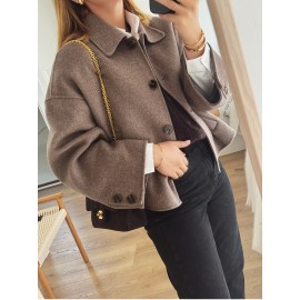 Women'S Vintage Loose Fit Jacket - Brown Coat with Single-Breasted Front, Structured Shoulders for Fall/Spring Transitional Weather - Everyday & Formal Outfits - HW915, Casual Outerwear, Classic Collar, Tailored Design, Stylish Outerwear, Office Wear
