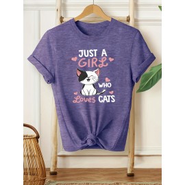 Women's Casual Cat Lover Graphic Tee - Cute Cartoon Kitten with Hearts & 