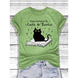 [Playful Cat T-Shirt] Lightweight & Stretchy Charming Black Cat & Book Illustration T-Shirt | Casual Crew Neck, Short Sleeve, Perfect for Spring & Summer, S-XXL, Cat Lover Gift