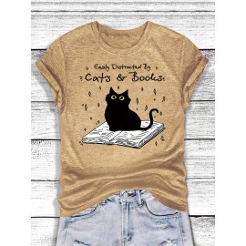 [Playful Cat T-Shirt] Lightweight & Stretchy Charming Black Cat & Book Illustration T-Shirt | Casual Crew Neck, Short Sleeve, Perfect for Spring & Summer, S-XXL, Cat Lover Gift