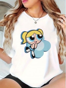 [1pc Soft Cartoon Tee] 1pc Women's Soft Stretchy Cartoon Graphic Print T-Shirt | Relaxed Fit Round Neck Short Sleeve Tee for Casual, Gym & Outdoor Activities | Machine Washable All-Season Comfort, Breathable Fabric, Playful Design