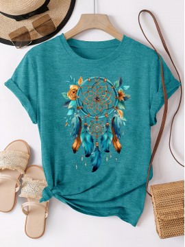 [Dreamcatcher T-Shirt] Bohemian Dreamcatcher Women's T-Shirt | Casual Loose Fit Round Neck Short Sleeve Top, Breathable Machine-Washable Fabric for Summer Vacation & Casual Attire, Multi-Color Options S-XXL