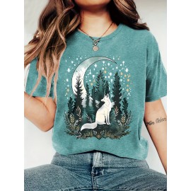 [Bohemian | Soft Stretch] Women's Bohemian T-Shirt | Soft Stretch Round Neck Short Sleeve Top | Fox & Pine Forest Graphic, All-Season Casual, Machine Washable, Multi-Color S-XXL