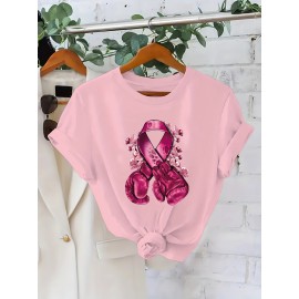 Plus Size, Women's Breast Cancer Awareness T-Shirt - Non-Transparent Black Top with Pink Boxing Gloves, Charity Event Apparel for, Survivor Gifts - Machine Washable Summer Shirt, Wear, Geometric Print, Comfortable Fabric, Casual Wear, Gift Shoppers