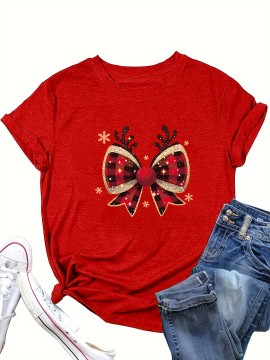 1pc Women'S Plus Size Christmas T-Shirt - Casual Crew Neck Polyester Top with Slight Stretch, Festive Reindeer Bow Print, Knit Fabric Short Sleeve Tee for Summer