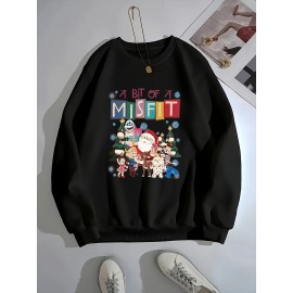 Plus Size, Large-Sized Women's Christmas Cartoon Print Hoodie - Oversized Round-Neck Pullover Sweatshirt with Santa & Elves, Soft Casual Sleeve, Machine Washable Cozy Winter Holiday Sweater for Women