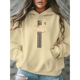 Calvin s Plus Size Oversized Hooded Sweatshirt - Light Grey with Black Letter 'C' & Golden Stripes Print, Cozy Fleece Pullover with Pockets, Women's Autumn Winter Casual Clothing, Autumn Winter Apparel, Comfortable Sweatshirt